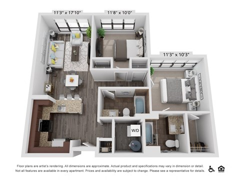 Floor plan for 2 beds, 2 baths, 934 sqft